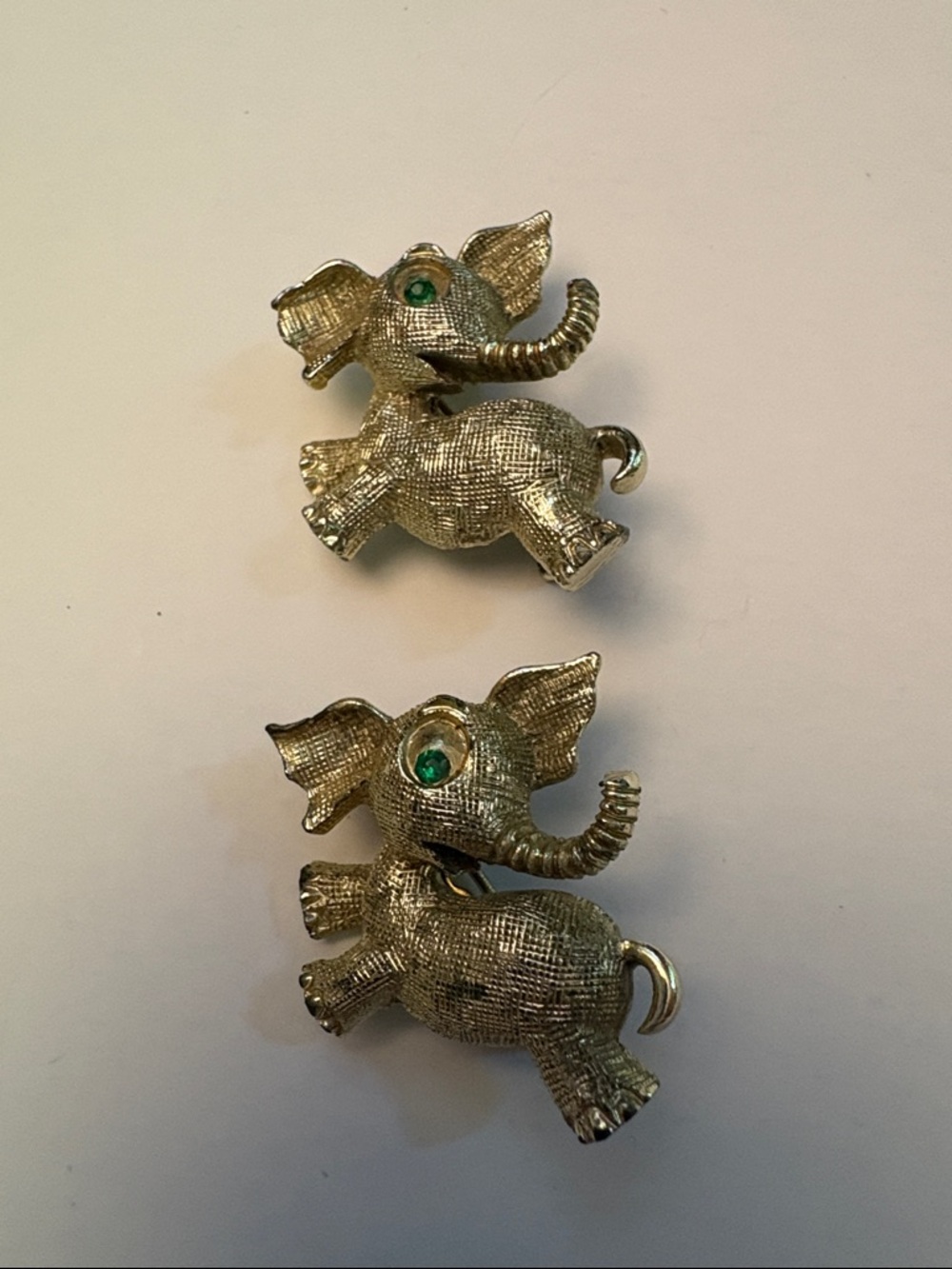 Vintage Pair Child’s Elephant Pins Gold-Toned Green Eyes Costume Jewelry